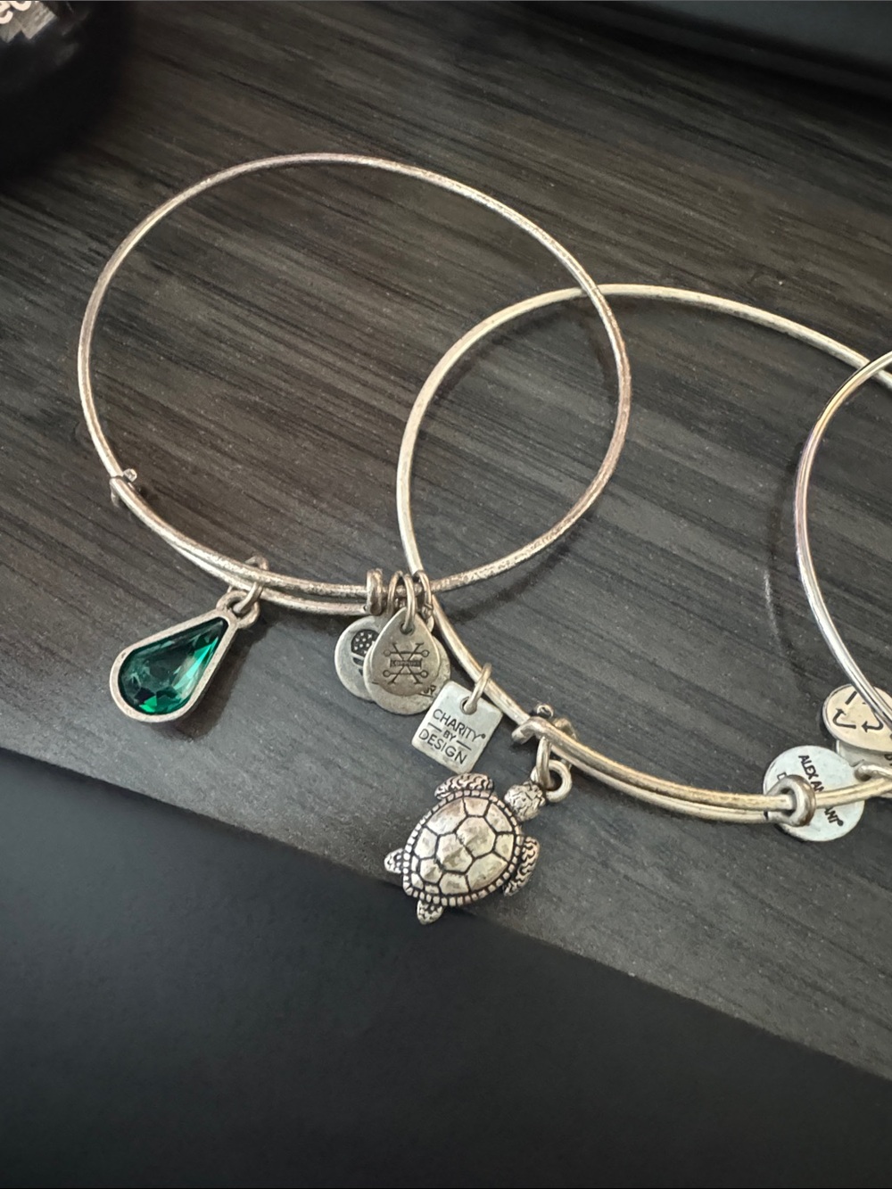 Alex and Ani Silver Bangle with Green Teardrop and Turtle Charms